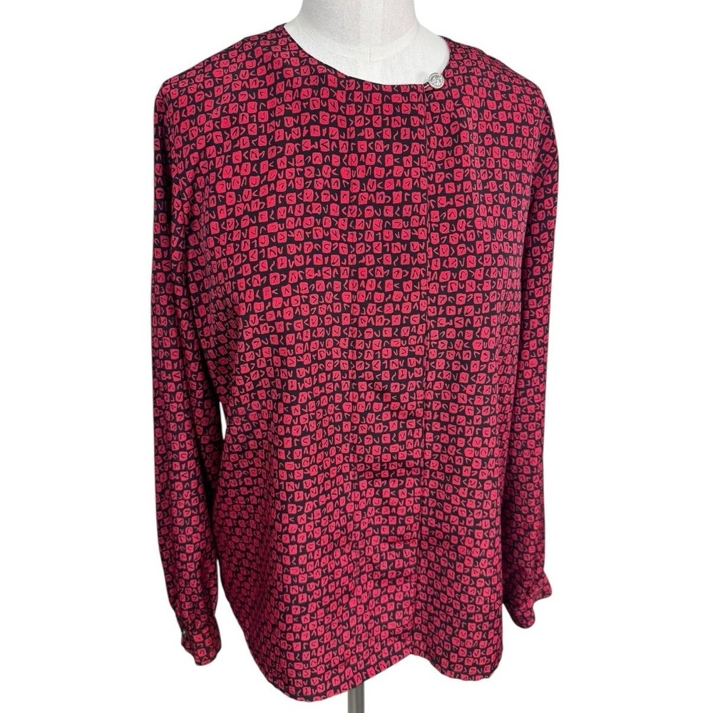 Vintage Diversity‎ Petite 10 Red Abstract Blouse Mod Retro Unique Button Detail